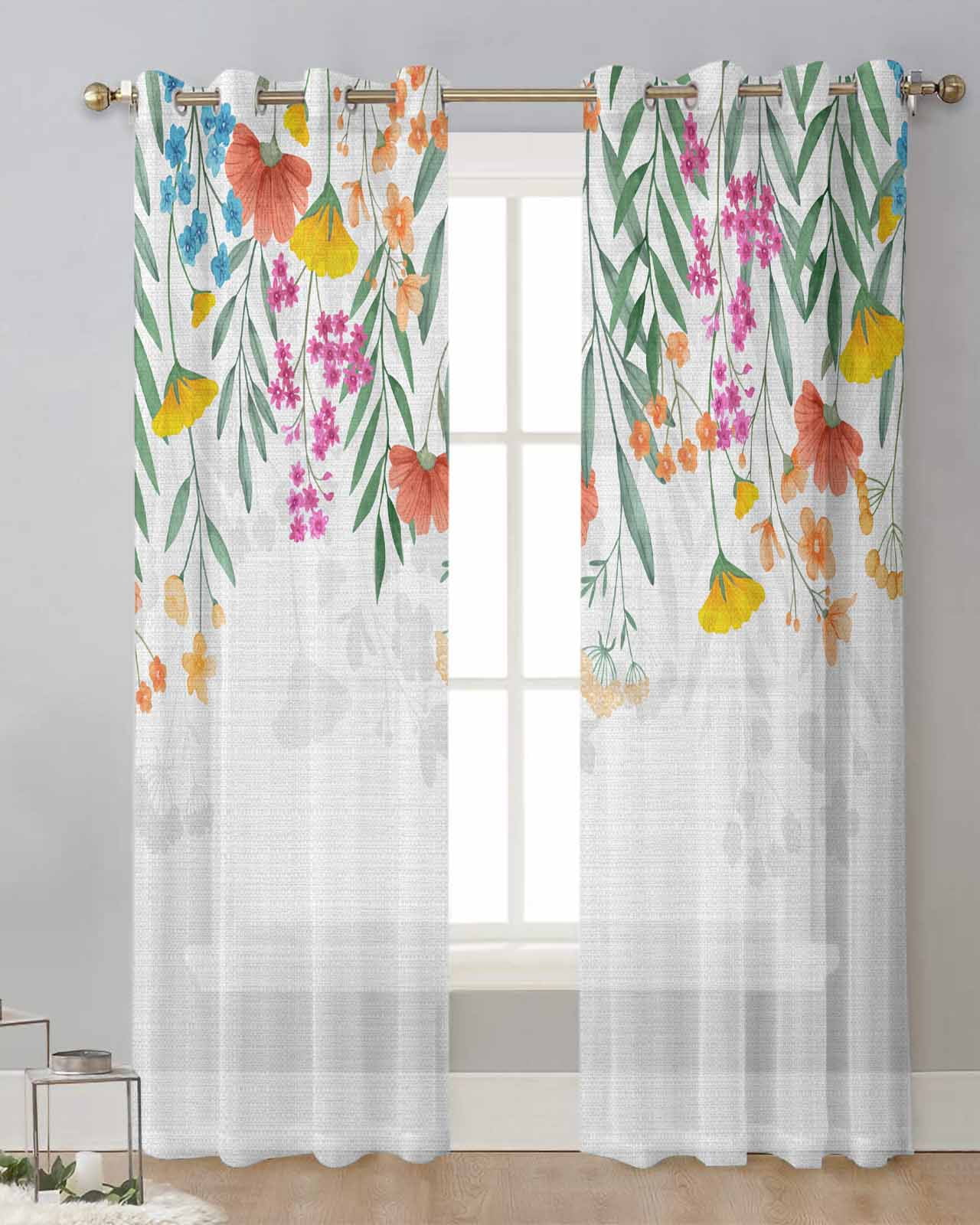 Flower Watercolor Modern Tulle Curtains Voile Drapes Sheer Window
