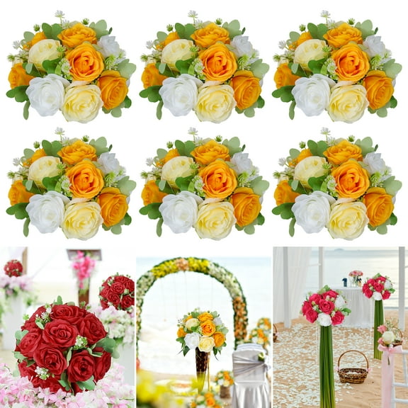 Flower Wedding Centerpieces for Tables -6pcs Artificial Flowers Silk Roses Ball Orange White Fake Kissing Floral Balls 10.6inch for Birthday Chrismas Party