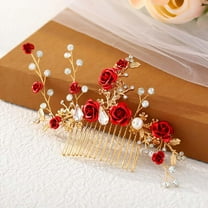Flower Wedding Hair Comb Red Rose Headpiece Gold Hair Piece Bride Pearl Hair Accessories for Women