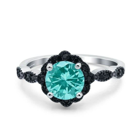 Flower Wedding Ring Black Simulated Paraiba Tourmaline CZ 925 Sterling Silver Size 10