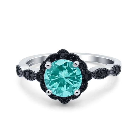 Flower Wedding Ring Black Simulated Paraiba Tourmaline CZ 925 Sterling Silver Size 10