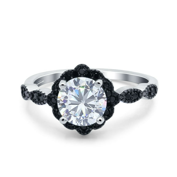 Flower Wedding Ring Round Black Simulated Cubic Zirconia 925 Sterling Silver Size 6