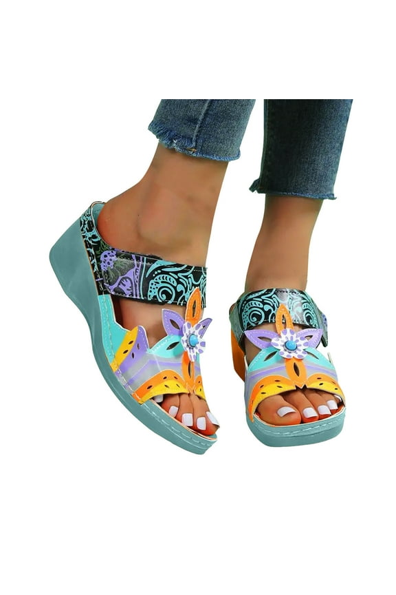 Flower Wedge Sandals for Women 2025 Boho Colorful Leather Open Toe Platform High Heel Slip on Dress Slippers