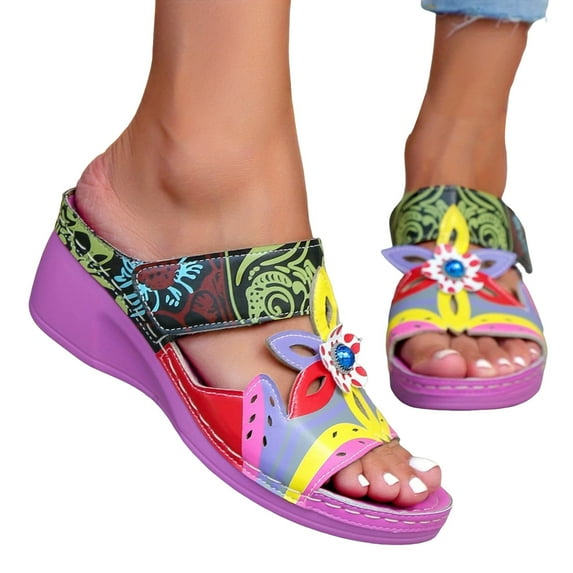 Flower Wedge Sandals for Women 2025 Boho Colorful Leather Open Toe Platform High Heel Slip on Dress Slippers