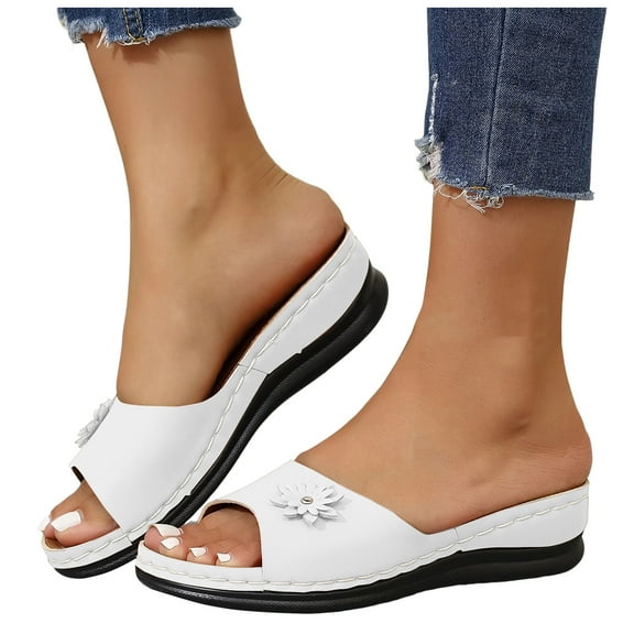 Flower Wedge Slides Sandals for Women 2025 with Arch Support Comfortable Peep Toe Platform Dress Slip on