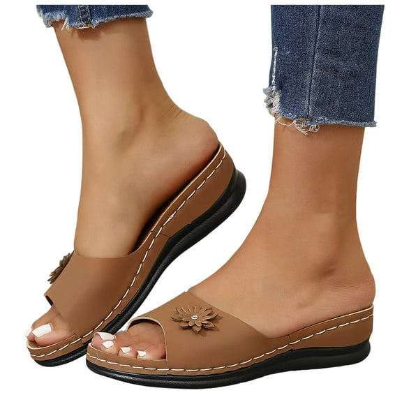 Flower Wedge Slides Sandals for Women 2025 with Arch Support Comfortable Peep Toe Platform Dress Slip on