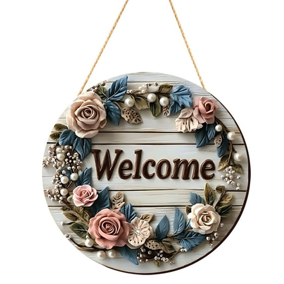Flower Welcome Round Wood Sign Floral Door Sign Farmhouse Rustic Wreath Wall Decoration for Indoor Outdoor Home Porch Window Decor
