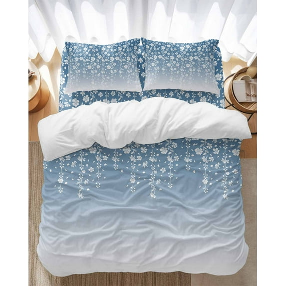 Flower White Bedding Duvet Cover Set Queen Size 4 Pieces Cherry Blossoms Blue Background Bedding Set with Zipper Closure, 1 Comforter Cover 90x92 Inches 1 Flat Sheet & 2 Pillow Cases