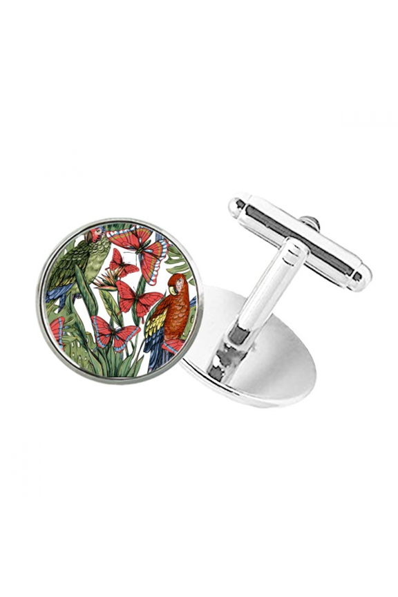 Flower White Bird Round Button Cuff Clip Stud Cufflinks