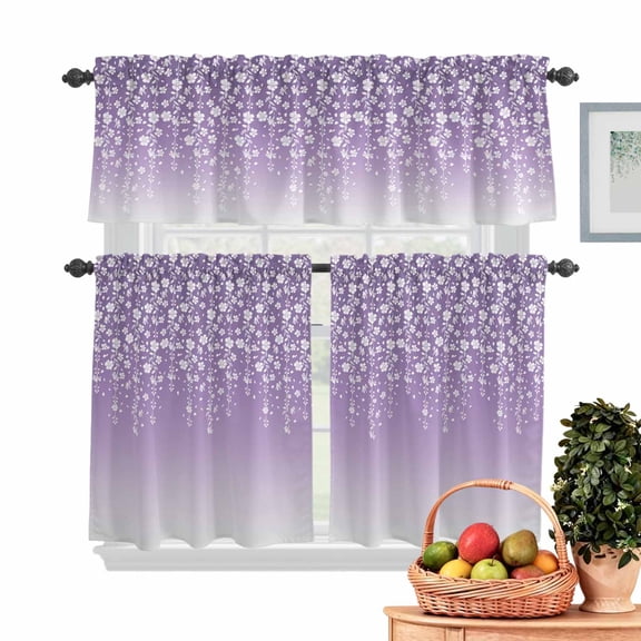 Flower White Kitchen Curtains Valances 3 Piece Set, Cherry Blossoms Purple Background Rod Pocket Tier Curtain and Valance Drapes for Small Window 36 Inch Length for Bedroom Cafe