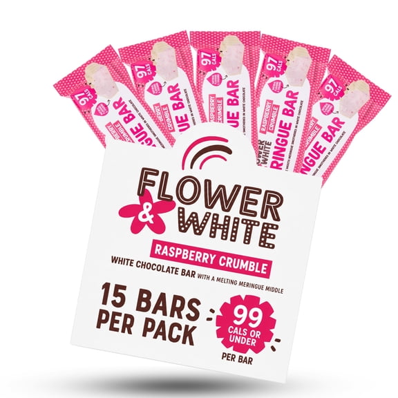 Flower & White Raspberry Crumble White Chocolate Meringue Bars (Pack of 15) - 97 Calories Per 20g Bar - Natural Flavours & Ingredients - Vegetarian & Gluten Free - Recyclable Packaging