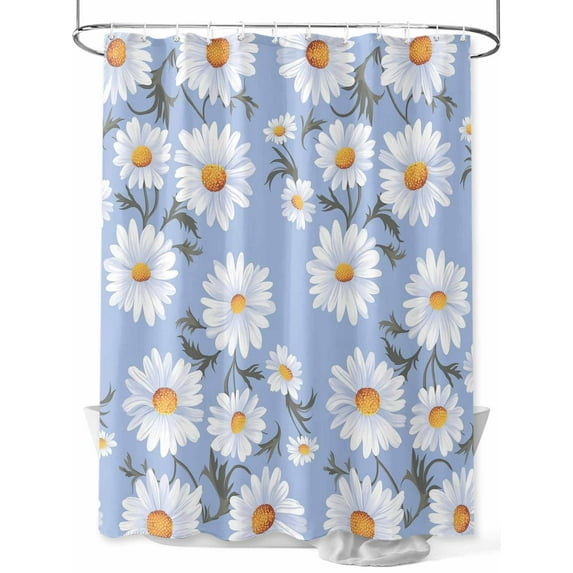 Flower White Shower Curtain, Daisy Simple Floral Blue Waterproof Shower Curtain Set with 12 Hooks Lightweight Washable Fabric Shower Curtains for Bathroom 60x72 Inches