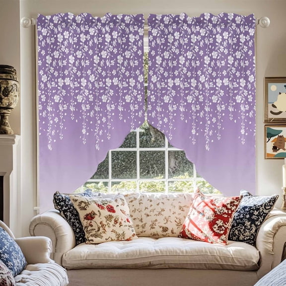Flower White Swag Curtain Valance for Windows, Cherry Blossoms Purple Background Window Treatments Short Swag Topper for Kitchen Windows Bathroom Bedroom, 36"x45"