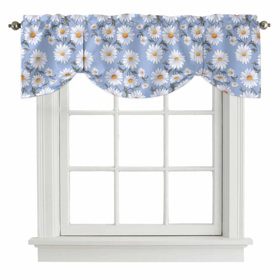 Flower White Tie Up Valance for Windows Daisy Simple Floral Blue Adjustable Curtain Valance Rod Pocket Balloon Shade Window Treatment for Kitchen Living Room Bedroom 42x18inch