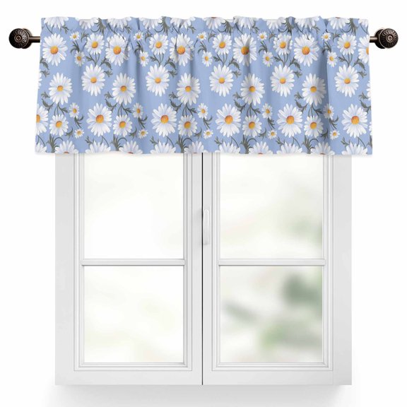 Flower White Valances for Windows, 42 x 12in, Daisy Simple Floral Blue Rod Pocket Kitchen Valance Curtain Light Filtering Window Treatments for Living Room Bedroom, 1 Panel