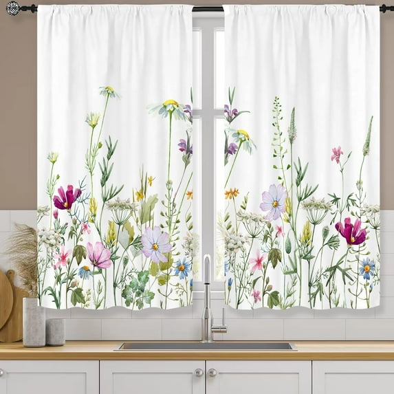 Flower Wildflower Spring Kitchen Curtain Rod Pocket Watercolor Floral Plant Colorful Botanical Leaf Small Short Cafe Tier Curtain Wildflower Window Drapes Treatment(27.5W X 39L Inch 2 Panel)