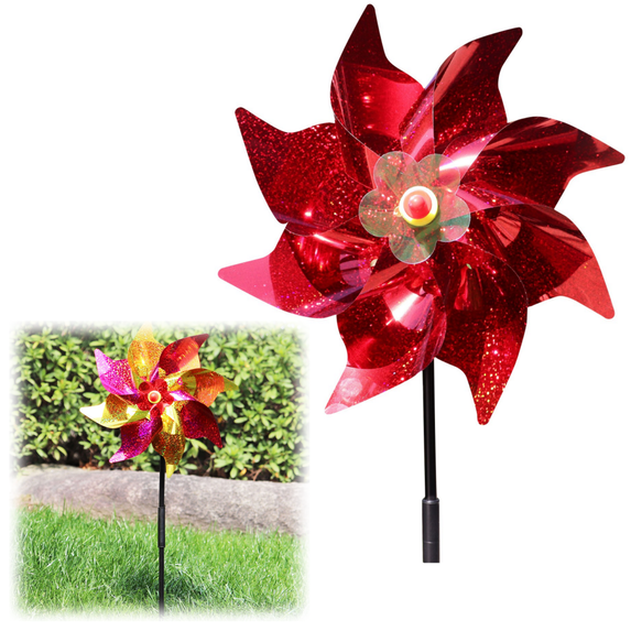 Flower Wind Spinner Sparkly Lawn Pinwheels, Plastic Reflective Pinwheels for Party Decorations/Yard/Garden, Colorful Rainbow Garden Windmill