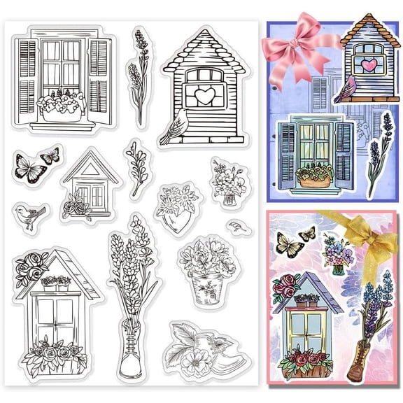 Flower Window Craft Stamps Garden House Rubber Stamps Butterfly Transparent Silicone Stamp for DIY Making