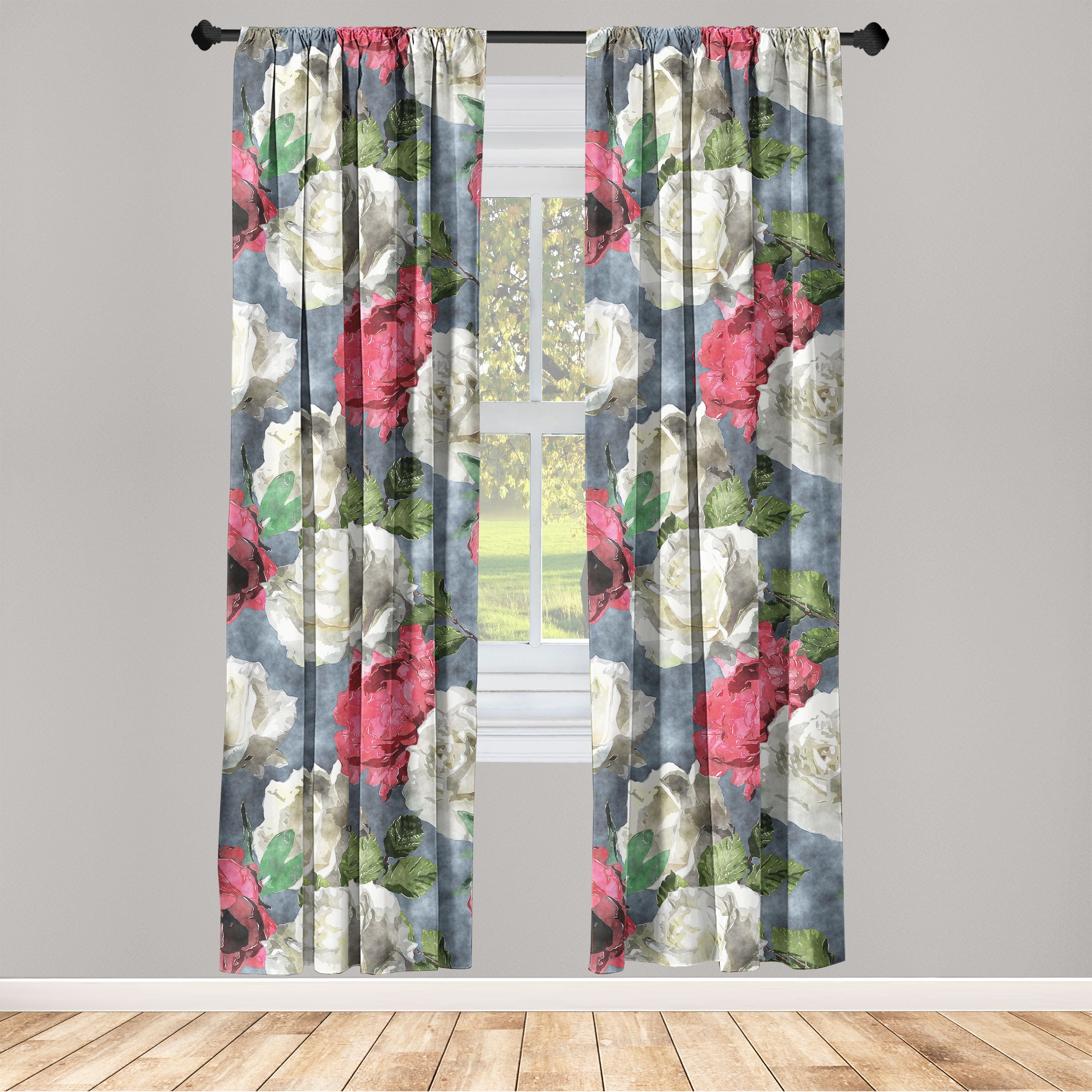 Flower Window Curtains, Romantic Watercolor Roses Leaves in Bicolour