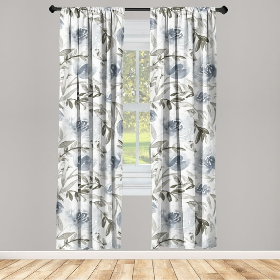 Flower Window Curtains, Simplistic Floral Branches Dusty Bluish Petals and Watercolor Leaves, Lightweight Decor 2-Panel Set with Rod Pocket, Pair of - 28"x84", Taupe Grey and Slate Blue, by Ambesonne