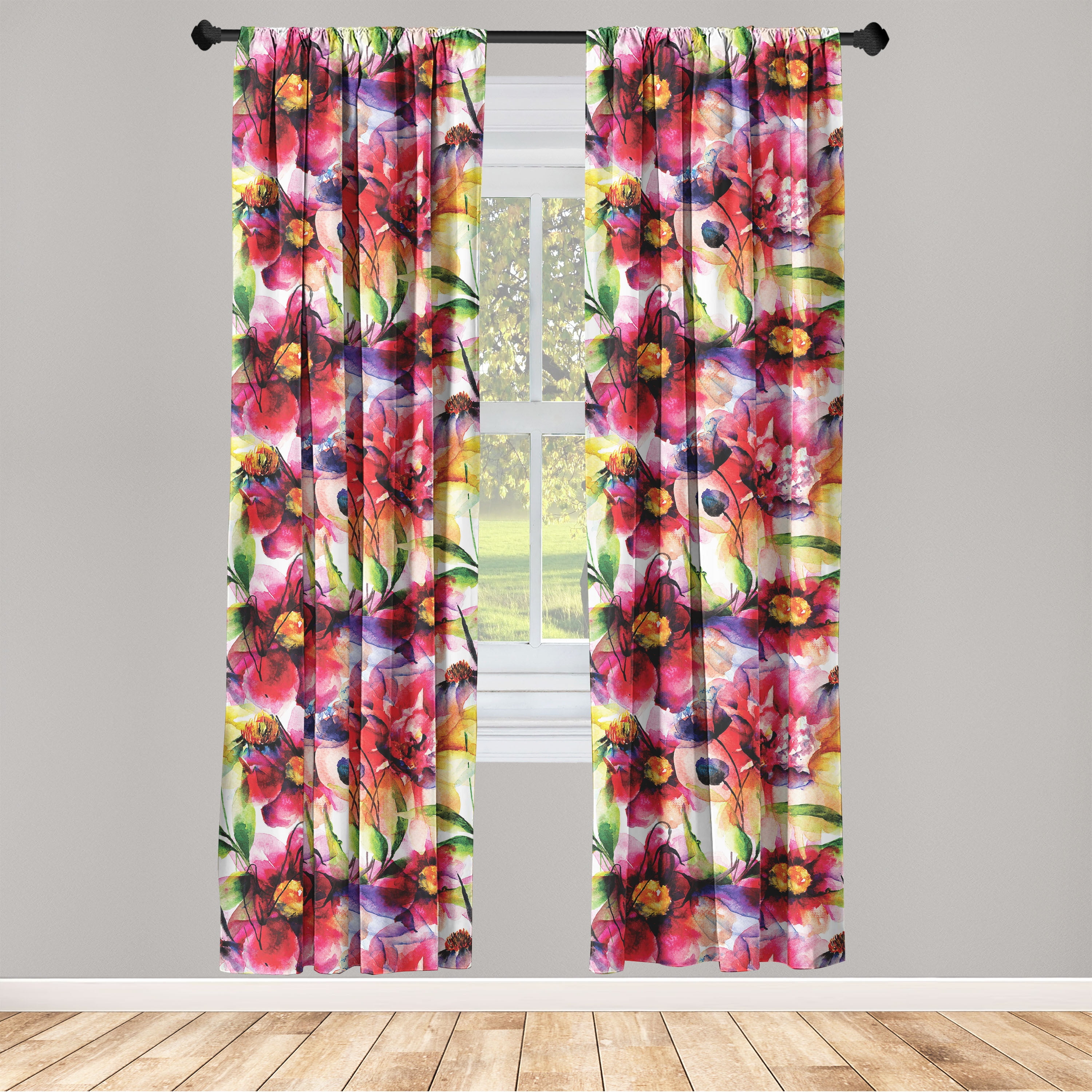 Flower Window Curtains, Watercolor Concept Fine Art Style Flowers