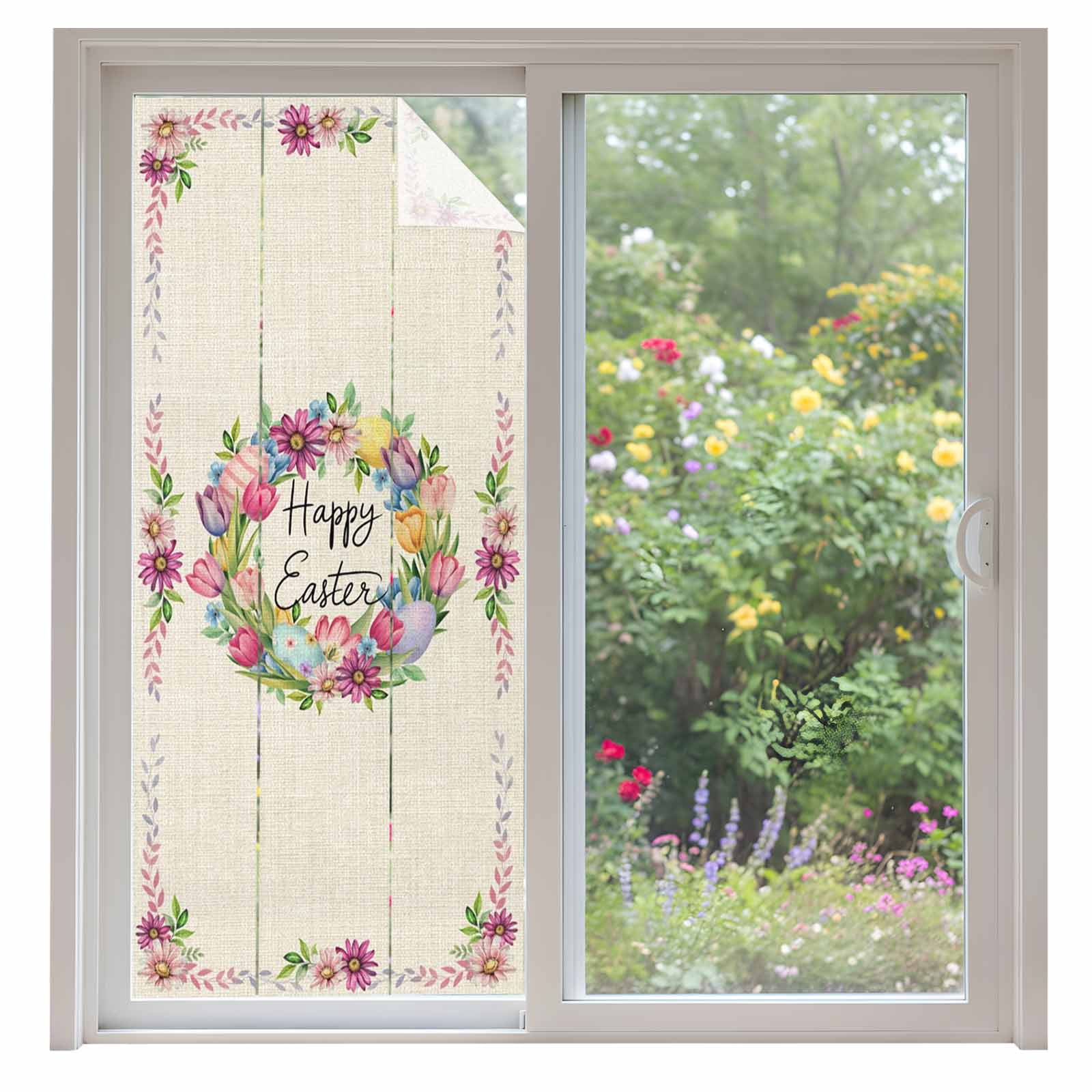 Flower Window Privacy Film, Floral Ring Pink Daisy Tulips Color Egg Spring Linen Texture Frosted Glass Window Clings Static Cling Heat Blocking Reusable Door Sticker for Bedroom 35.4x78.7 Inch