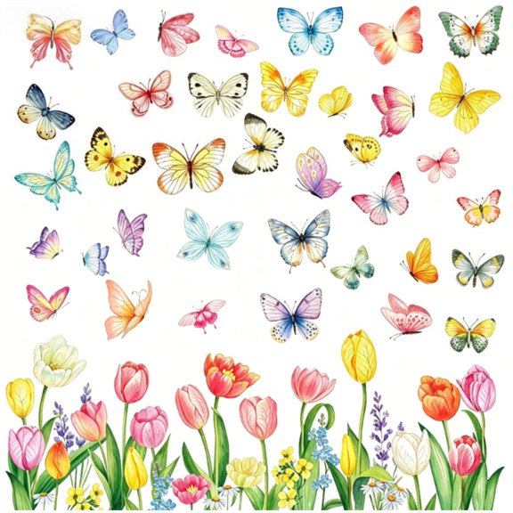 Flower Window Stickers Decorations Butterfly Tulip Window Decal Cling for Glass (49 Pcs)