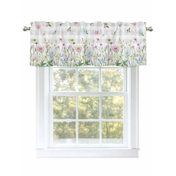 Flower Window Valances for Kitchen, Vanilla Field Plant Vintage Gray Check Rod Pocket Valances Windows Treatments Curtains for Living Room Bathroom Bedroom Decoration 42" x 18"