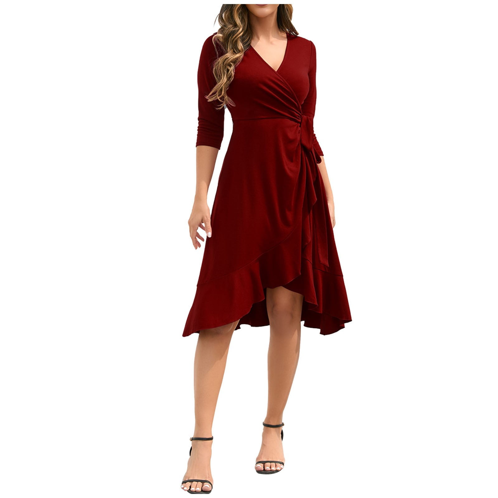 Wholesale Black O Neck 3/4 Sleeve Ruffle Hem Casual Formal Office Lady Bodycon Midi Dresses
