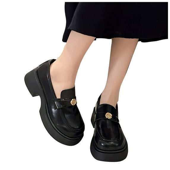 Flower Womens Shoes Black Leather Platform Slip on Penny Loafers Casual Fashion Business Work Shoes