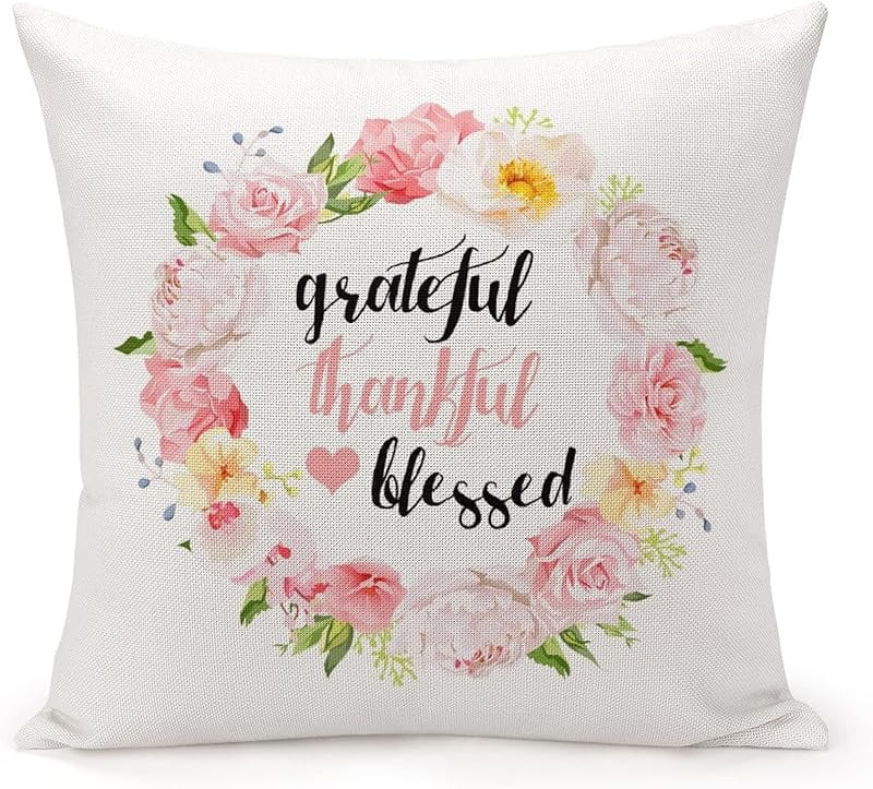 Flower Wreath Grateful Thankful Blessed Pillow Covers Farmhouse Throw ...