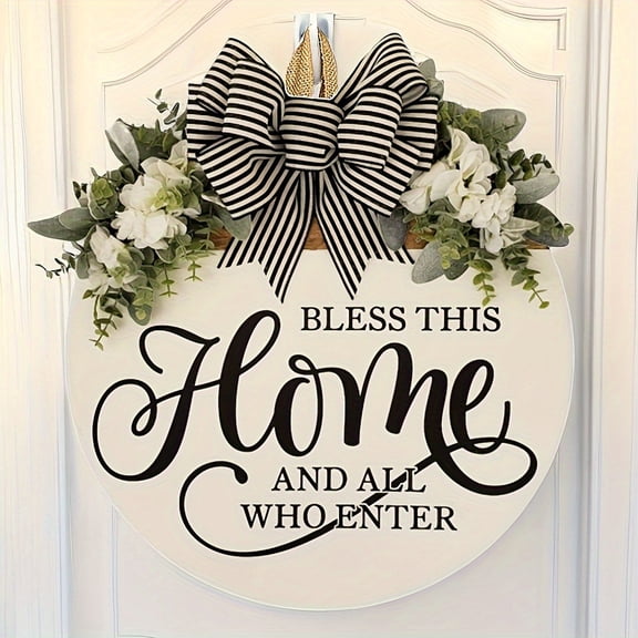 Flower Wreath HOME Wooden Sign Decor, Welcome Front Door Wall Hanging, Fake Floral Garland For Spring & Summer Decoration