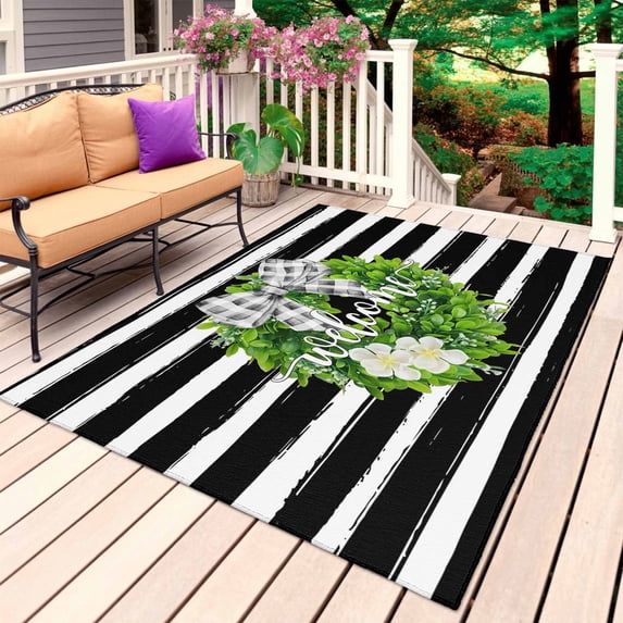 Flower Wreath Outdoor Rug 3x5 Ft, Non Slip Washable Area Rug, Farmhouses Bow-Knot Black Stripes Patio Rugs Carpet Runner, Large Floor Mat for Indoor/Outdoor Deck Porch Camping