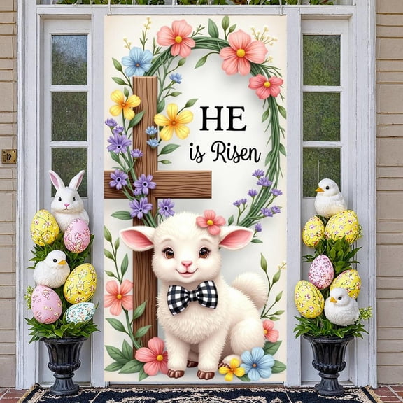 Flower Wreath Resurrection Banner Cute Lamb Easter Display Wooden Cross Colorful Flowers Lamb Theme Background for Easter Celebration Church Event Resurrection Sunday