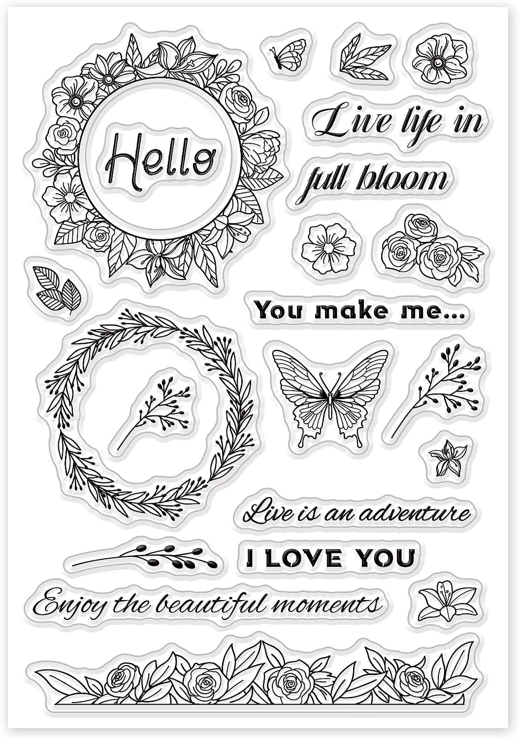 Flower Wreath Silicone Clear Stamps with Butterfly Rose Leaf Pattern ...