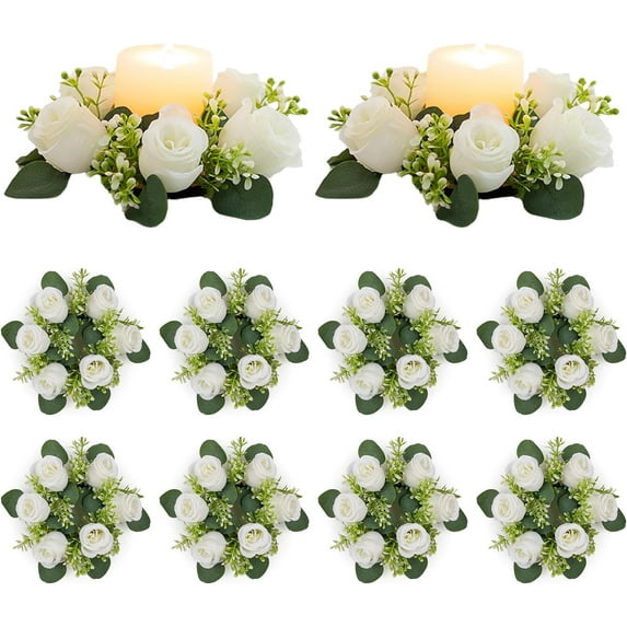 Flower Wreath for Table Centerpieces: 9.05 Inch Small White Artificial Candle Rings 10 Pcs for Wedding Party Christmas Decorations - Rose Wreaths for Spring Summer Front Door Porch Decor 2 Pcs