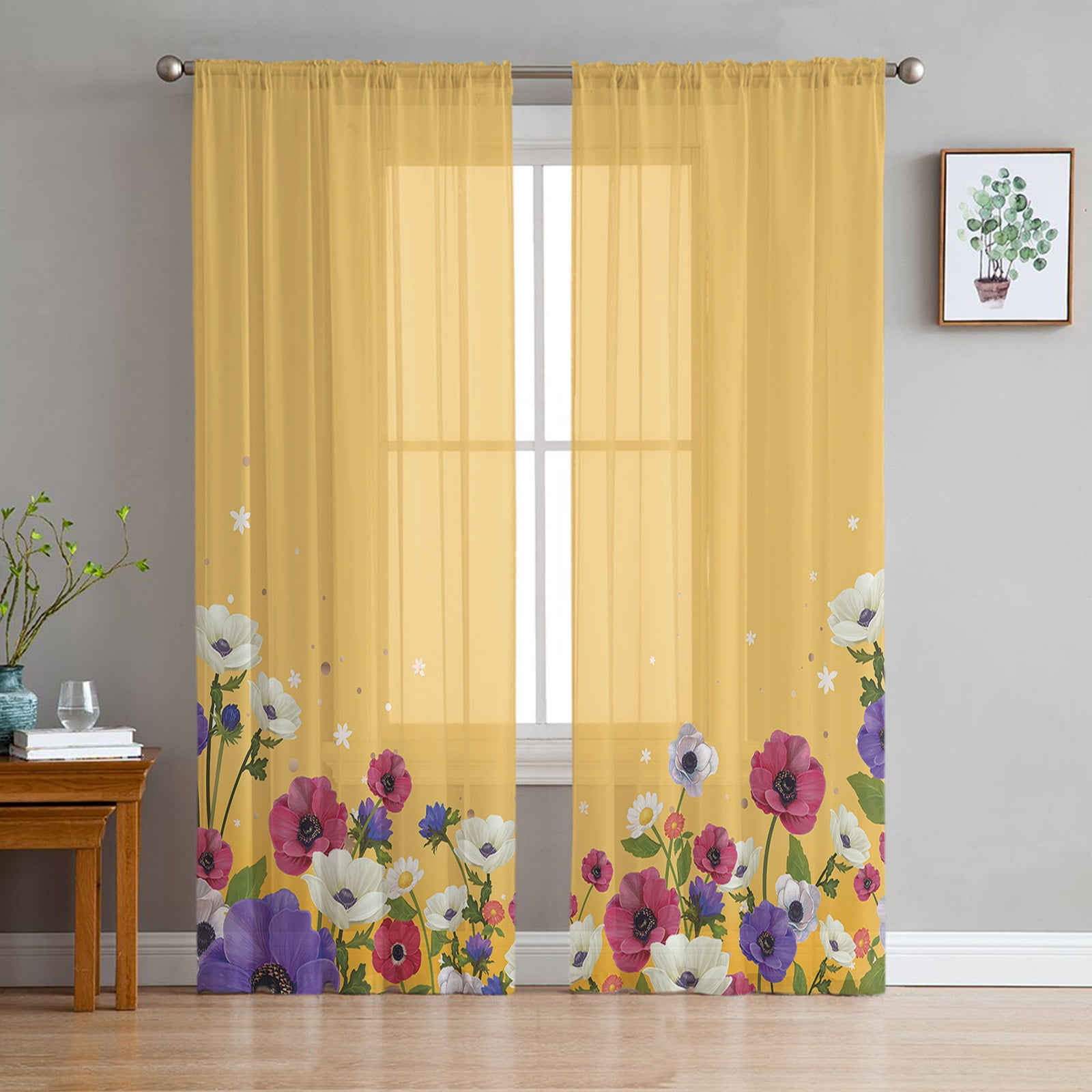 Flower Yellow Background Tulle Curtains for Living Room Kitchen Bedroom