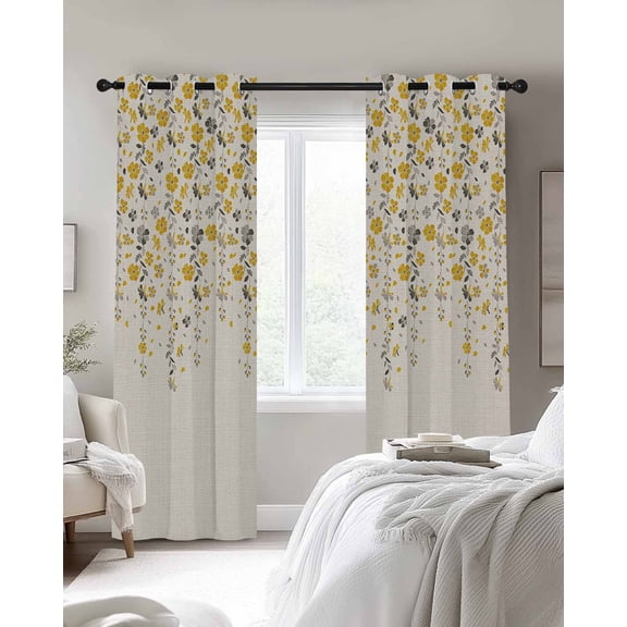 Flower Yellow Blackout Curtains 2 Panels Grey Cherry Blossoms Cotton Linen Background Thermal Insulated Grommet Window Curtains for Bedroom Living Room 42"x54"