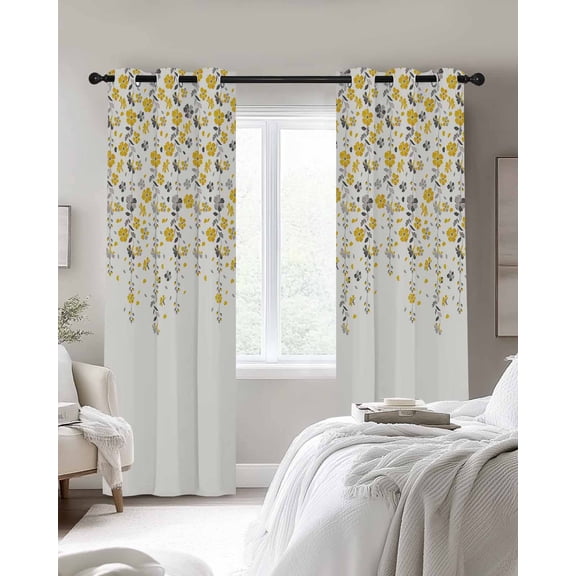 Flower Yellow Blackout Curtains 2 Panels Grey Cherry Blossoms White Background Thermal Insulated Grommet Window Curtains for Bedroom Living Room 52"x90"