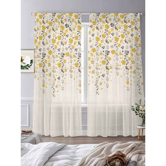 Flower Yellow Sheer Curtains 108 Inches Long 2 Panels, Semi Sheer Rod Pocket Window Curtains Light Filtering Drapes Grey Cherry Blossoms Cotton Linen Background for Living Room Bedroom