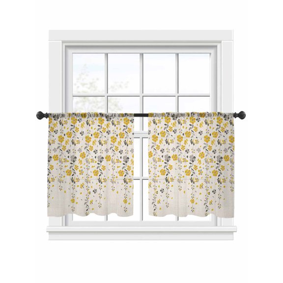 Flower Yellow Sheer Curtains 2 Panels Set Grey Cherry Blossoms Cotton Linen Background Sheer Window Curtains Light Filtering Rod Pocket Voile Drapes for Bedroom Living Room 52"x54"