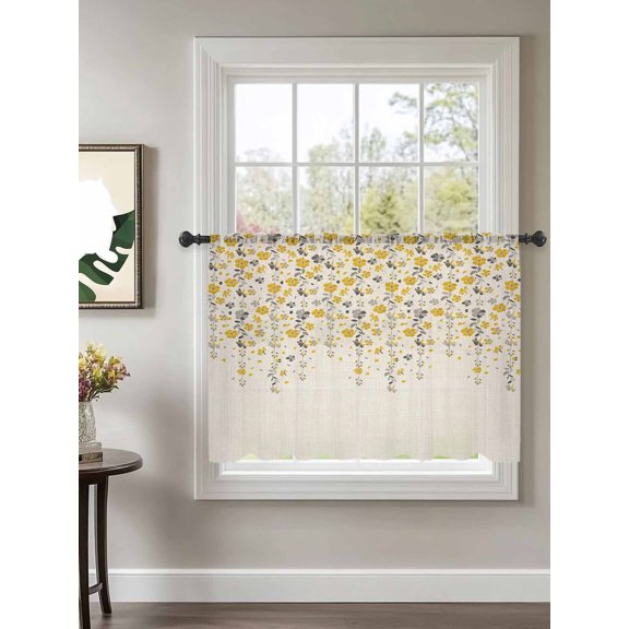 Flower Yellow Sheer Curtains 45 Inch Long 1 Panel Grey Cherry Blossoms Cotton Linen Background Rod Pocket Voile Cafe Curtains Light Filtering Small Window Treatments for Kitchen Basement 52" x 45"