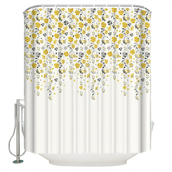 Flower Yellow Shower Curtain, 66" x 72", Grey Cherry Blossoms White Background Waterproof Bathroom Curtain Washable Shower Curtain Set with 12 Hooks