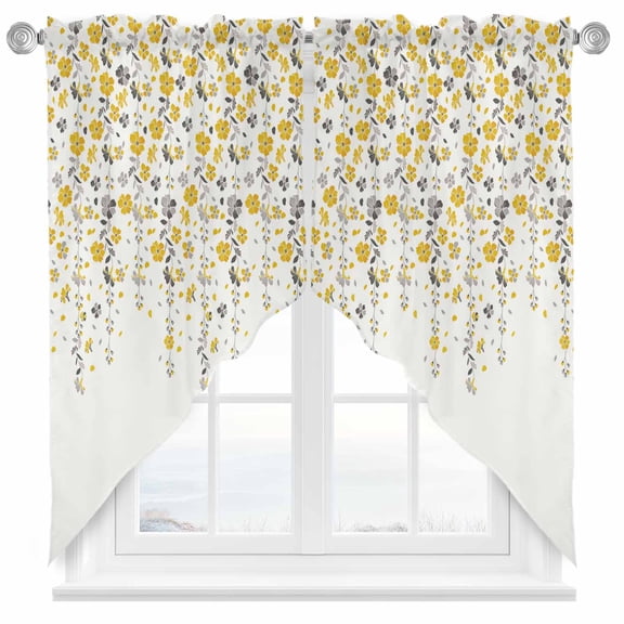 Flower Yellow Swag Valances for Windows 2 Pack Grey Cherry Blossoms White Background Swag Kitchen Curtains 36 Inches Long Rod Pocket Short Window Treatment for Kitchen Bathroom 36"x36"