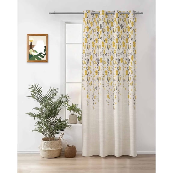 Flower Yellow Thermal Insulated Blackout Curtains for Bedroom 36 Length Grey Cherry Blossoms Cotton Linen Background Room Darkening Curtain 1 Panel Grommet Window Curtain Drape for Living Room
