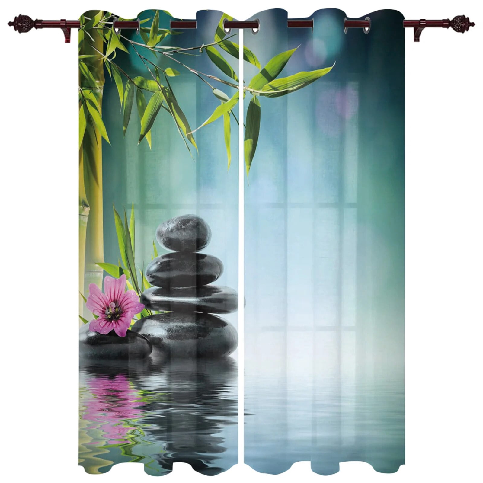 Flower Zen Stones Bamboo Window Curtains for Living Room Bedroom ...