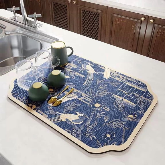 Flower and Bird Series Algae Mud Kitchen Counter Drainage Mat - 40x60cm, Water-Absorbent Non-Slip Floor Mat for Kitchen and Bathroom
