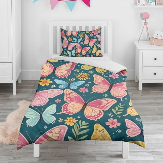Flower and Butterfly Duvet Cover and Pillowcase Set for Single Bedding, Bedroom Accessories for Kids Teens