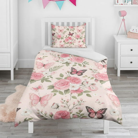 Flower and Butterfly Duvet Cover and Pillowcase Set for Single Bedding, Bedroom Accessories for Kids Teens