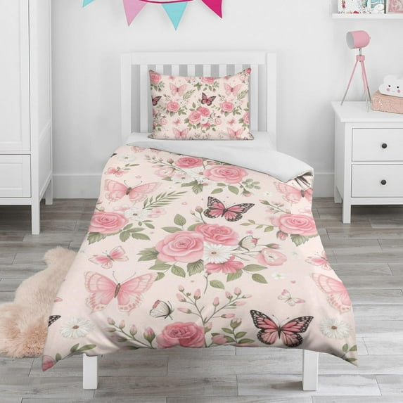 Flower and Butterfly Duvet Cover and Pillowcase Set for Single Bedding, Bedroom Accessories for Kids Teens